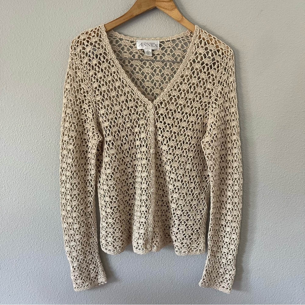 Casual Corner Annex Crochet Neutral Beige Cardigan Size XL